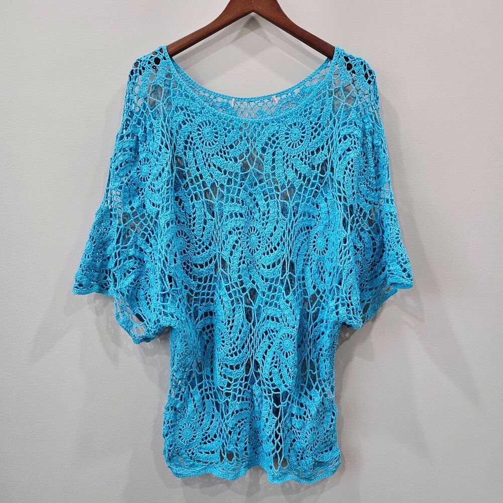 Womens Dolman Sleeves Crochet Top Plus Size Blue Boho Hippie Beachy Cottagecore